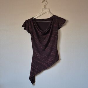 Vintage 90s Y2K Mariposa Asymmetrical Brown Top with Sparkle Accents, Size S